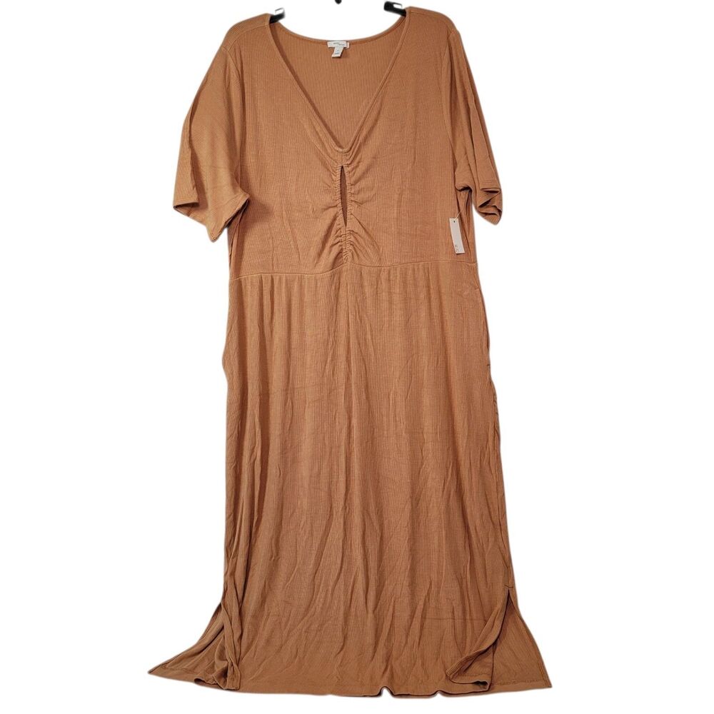 Daily Ritual Women's Fine Rib Ruched Keyhole Maxi Dress Brown Size XX-Large